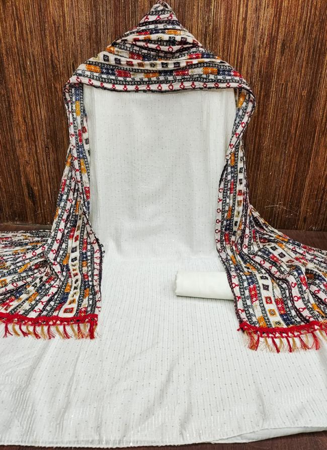 Chanderi White Traditional Wear Croset Work Dress Material
